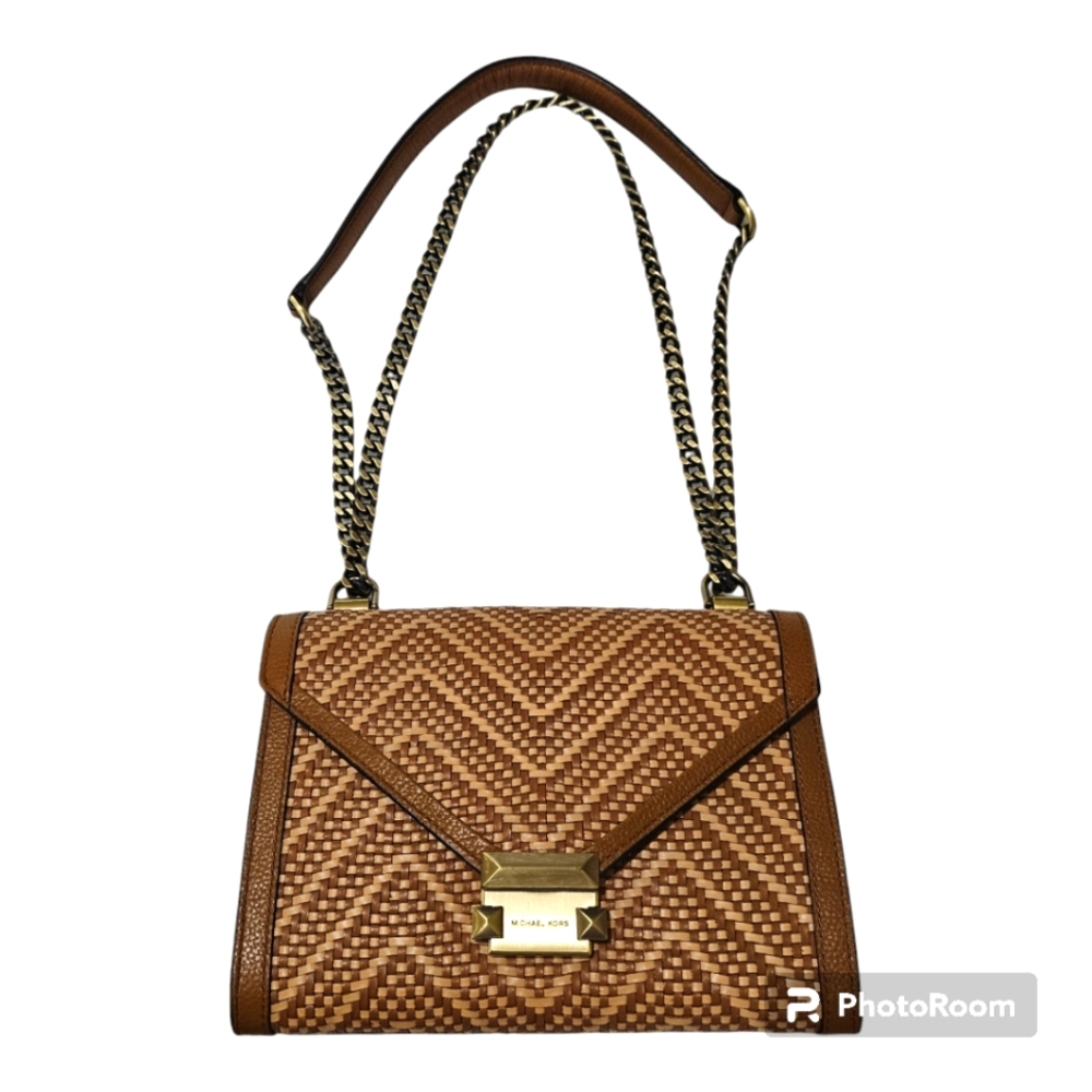 Michael Kors Woven Chevron Brown Leather Flap Crossbody Bag